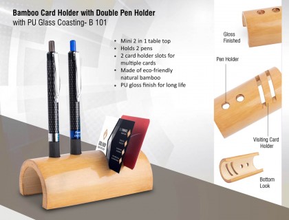 Bamboo Card Holder with Double Pen Holder