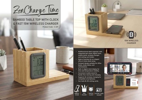 Bamboo Pen Stand with Clock Bamboo Pen Stand with Clock