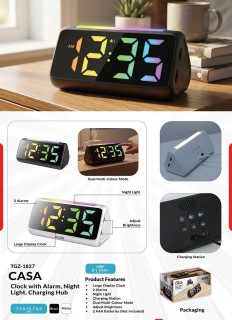Digital Alarm Clock with Night Light and Charging Hub