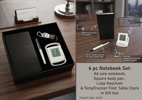Double Strip A6 Size Notebook,Pen, Clock And Keychain - Corporate Gifts