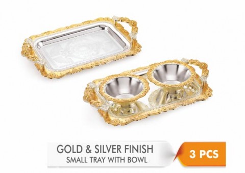 Premium 3 Pcs Silver and Gold Bowl and Tray set