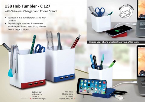USB Hub Tumbler With Wireless Charger And Phone Stand